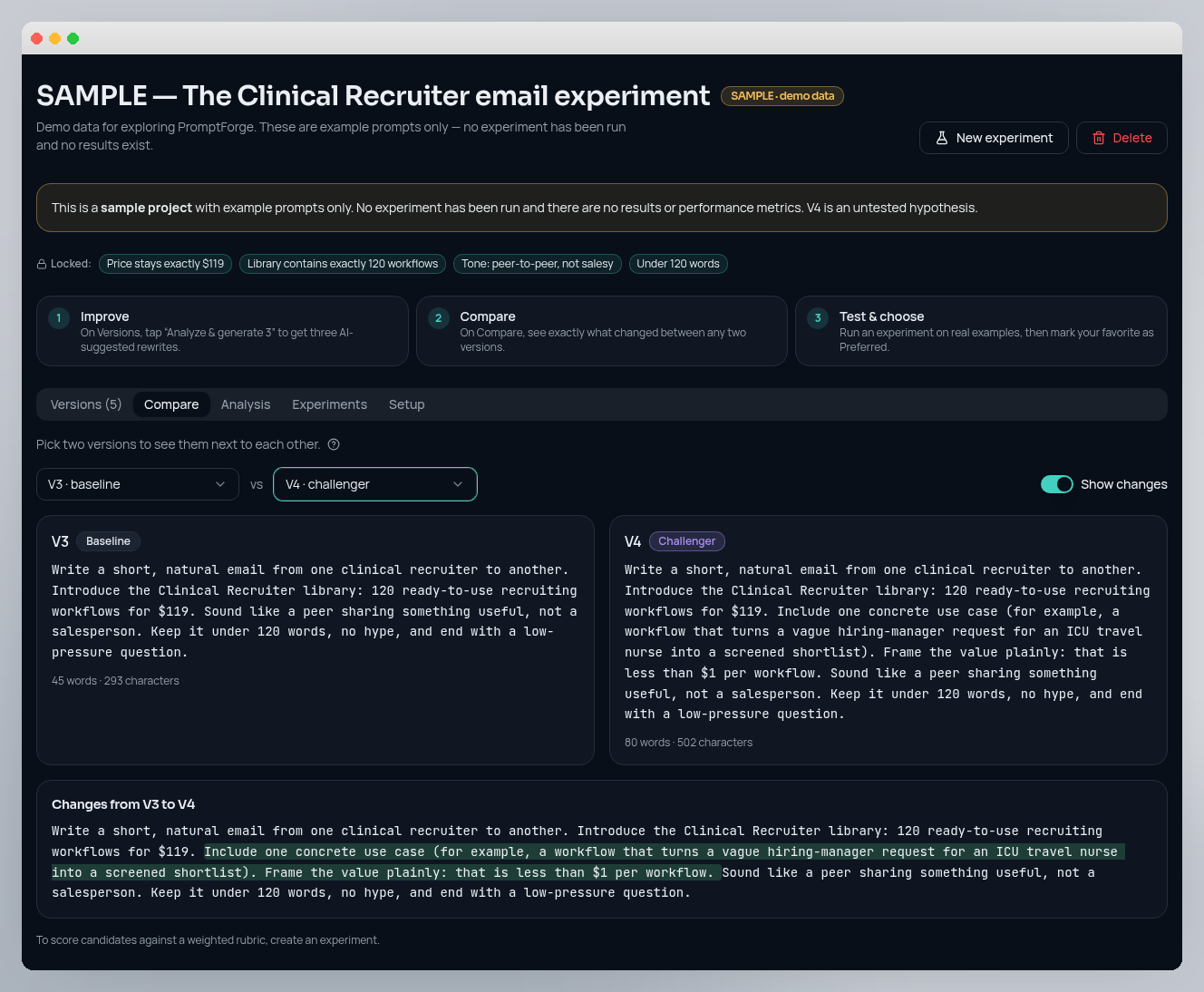 Actual PromptAncestry workspace comparing sample V3 and V4 prompts, locked preferences and highlighted changes